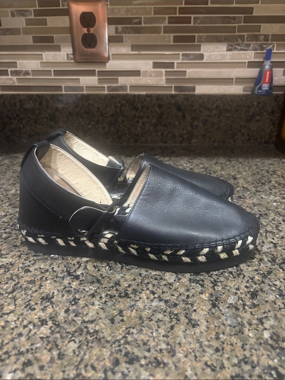 Paloma Barceló Black Leather Espadrille Mule with Natural Stitching